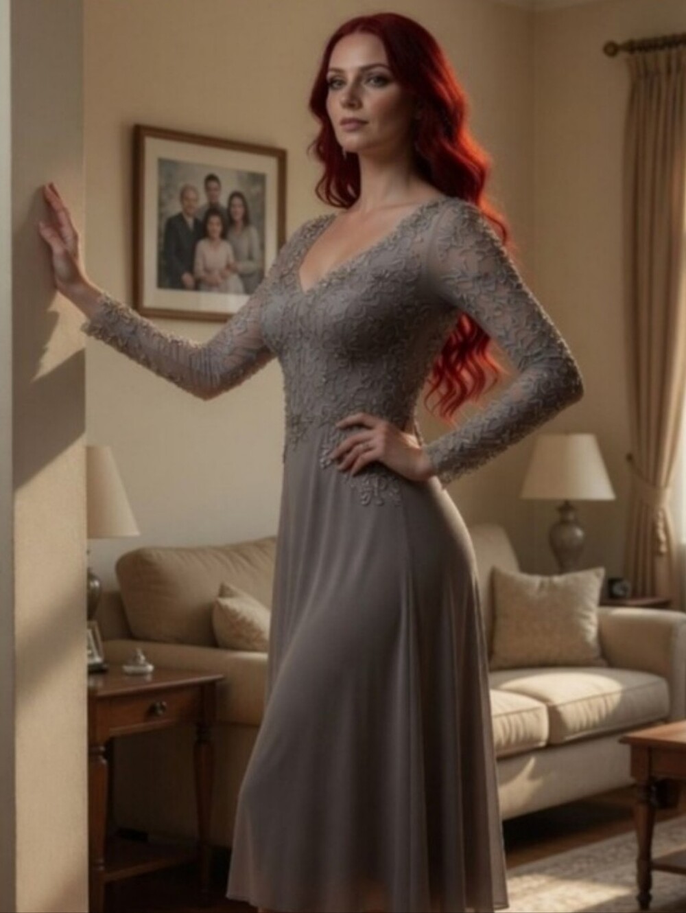 MGNY Madeline Gardner Slate Gray Beaded Illusion Gown - Size 6- Tea Length - Picture 4 of 16